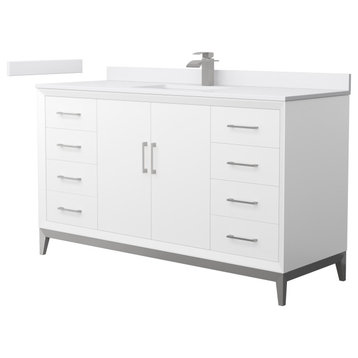 Amici 60" White Single Vanity, White Cultured Marble Top, Brushed Nickel Trim