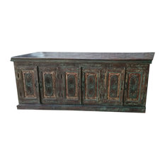 Consigned Antique Sideboard Buff Six Door Chakra Carved Storage Chest Buffet