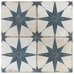 Merola Tile - Kings Star Blue Ceramic Floor and Wall Tile - Imported from Spain, old-world European elegance radiates from our Kings Star Blue Encaustic Ceramic Floor and Wall Tile. Save time and labor spent arranging smaller square tiles and instead install these durable ceramic slabs, which have four 4 squares separated by scored grout lines. The defining feature of this encaustic-inspired tile is the unique, low-sheen glaze in beige tones with centered royal blue-colored stars in each square. Variation throughout each tile mimics an authentic aged appearance. Designed by interior architect and furniture designer Francisco Segarra, this tile is a true reflection of vintage industrial design. Realistic imitations of scuffs and spots that are the marks of well-loved, worn, century-old tile bring rustic charm to your interior. There are nine different variations available that are randomly scattered throughout each case. The scored grout lines can be grouted with the color of your choice to further customize your installation. Tile is the better choice for your space. This tile is made from natural ingredients, making it a healthy choice as it is free from allergens, VOCs, formaldehyde and PVC.