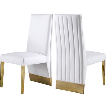 The Cairo Dining Chair, Set of 2, White Vegan Leather, Gold Legs