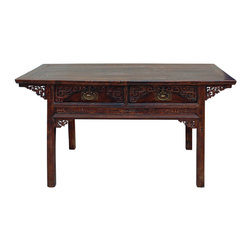 Chinese Vintage Rustic Brown Lacquer Drawers Coffer Altar Table cs3474 - Console Tables