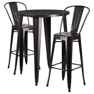 Round Metal Indoor-Outdoor Bar Table Set With 2 Cafe Barstools