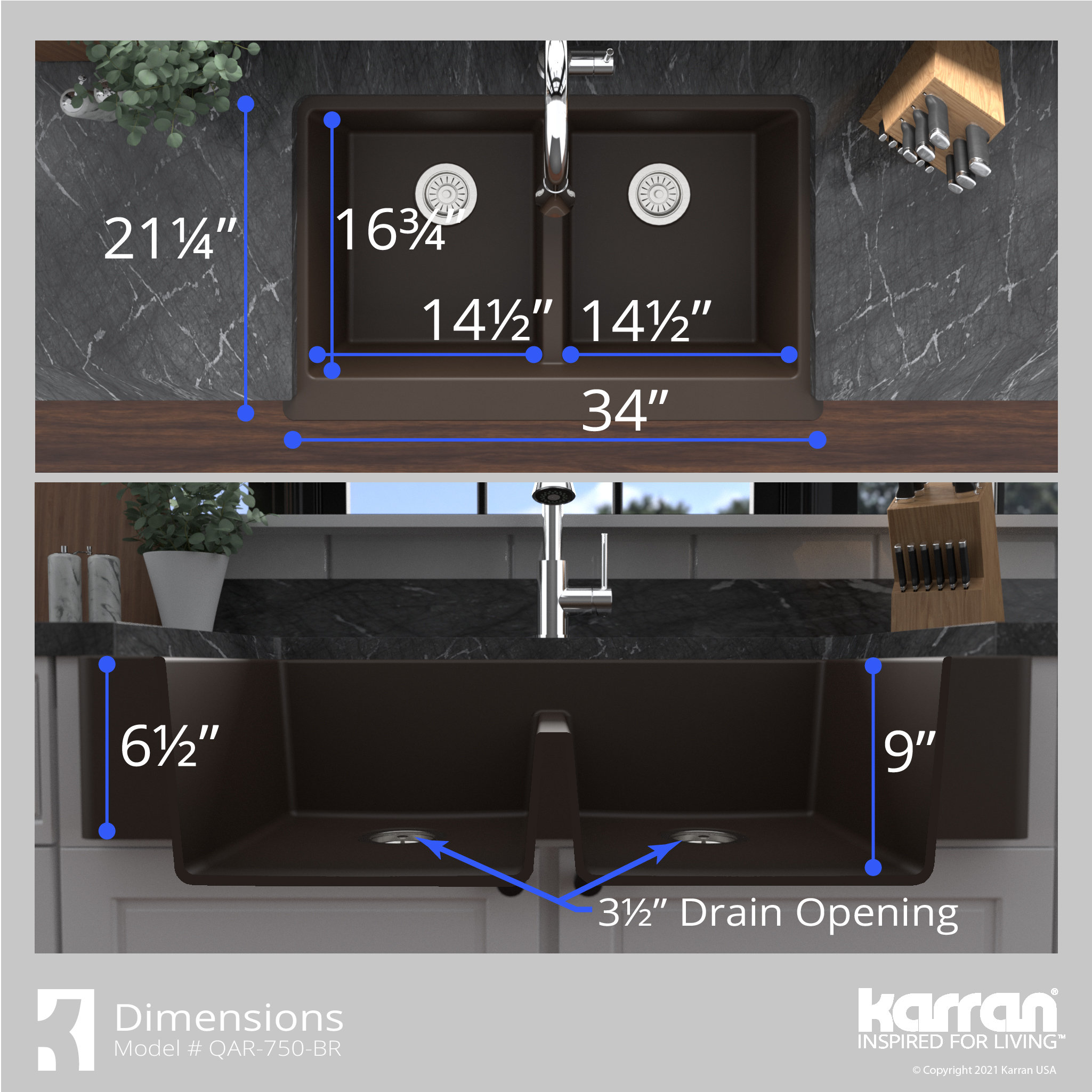 Karran Retrofit Farmhouse Quartz 34" Double Bowl Sink, Brown