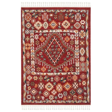 Farmhouse Area Rug, Bordered Design With Fringed Tassels, Red/Ivory, 5' X 7'3"