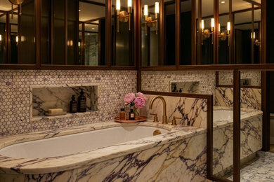 Bathroom - contemporary white tile and mosaic tile marble floor and white floor bathroom idea in New York