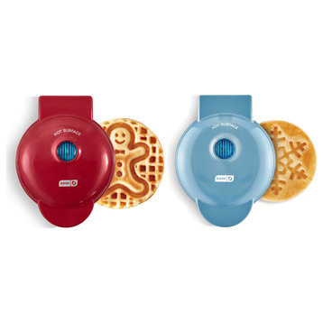 DMW002AQ Mini Waffle Maker (2 Pack) for Individual Waffles Hash Browns, Keto, Red and Metallic Blue