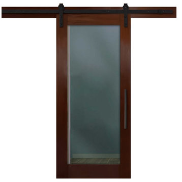 Modern Mahogany Solid Wood Sliding Barn Door with Glass Insert, 30"x84" Inches,
