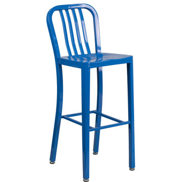 30" High Blue Metal Indoor Outdoor Barstool With Vertical Slat Back