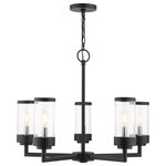 Livex Lighting - Textured Black Nautical, Moder, Industrial, Urban Outdoor Chandelier - The five-light outdoor chandelier from the Hillcrest collection is made of rugged stainless-steel and features a simple yet elegant textured black finish frame paired with closed top clear glass shades and is accented by brushed nickel candles. Each shade is topped off with a textured black ring accent to carry through the theme of the finely crafted design. Use indoors or outdoors, this piece complements modern, nautical, contemporary or urban homes.