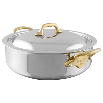 Mauviel M'Cook B Stainless Steel Rondeau With Lid & Brass Handles, 6-qt