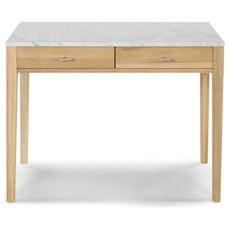 Meno 36" Rectangular Italian Carrara White Marble Console Table, Oak