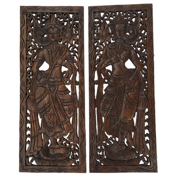 Large Wood Carving Wall Panel, Set of 2