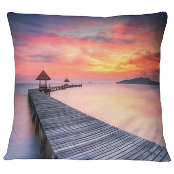 Stylish Wooden Bridge and Beach Sky Pier Seascape Throw Pillow, 16"x16"