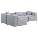 Meridian Furniture - Cube Upholstered Modular Sectional, Gray, 4-Piece: 2 Armless Chair, 2 Corner Chair, Linen Texured Fabric - Mix and match the pieces in this Cube modular section to personalize its fit for your space. This modular unit features soft grey linen textured upholstery that's not only beautiful to behold but is easy to care for an maintain. Attachment latches beneath each piece of this sectional make it a simple feat to put the pieces together to meet your specific preferences. Choose other items from the Cube lineup to expand the sectional as desired.