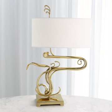 Elegant Brass Gold Flourish Table Lamp Modern Abstract Scroll Organic Shape