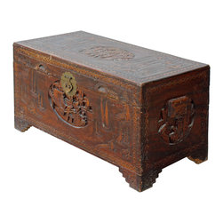 Oriental Asia Brown Relief Scenery Motif Carving Trunk Table - Accent Chests And Cabinets