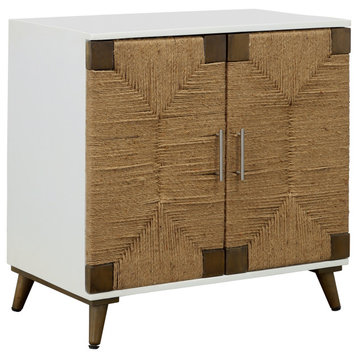 Solid Wood White Two Door Cabinet With Handwoven Jute Details