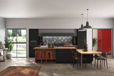 Design ideas for a large contemporary open plan kitchen in Other with flat-panel cabinets, wood benchtops, multi-coloured splashback, cement tile splashback, with island and beige benchtop.