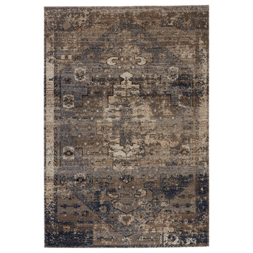 Belfast Indoor and Outdoor Medallion Taupe and Dark Blue Area Rug, 4'x6'