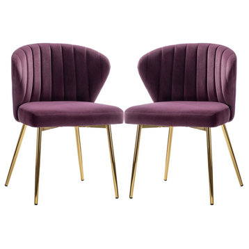 4 Pack Dining Chair, Elegant Gold Legs With Velvet Seat Channeled Back, Purple