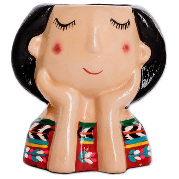 Novica Handmade Esperanza Dreaming Ceramic Mini Flower Pot