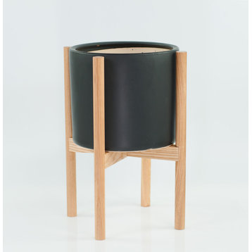 Modern Large Ceramic Cylinder Pot 10" Black With Wood Plant Stand Natural Color