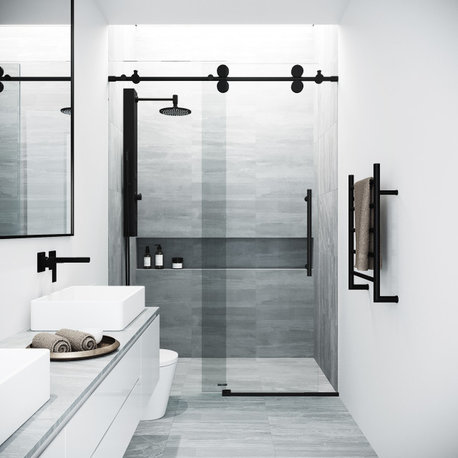 VIGO Elan 44" to 48" W x 74" H Frameless Sliding Shower Door, Matte Black, Clear Glass