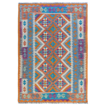 Colorful Afghan Kilim With Geometric Design Pure Wool Hand Woven Rug, 4'4"x6'4"