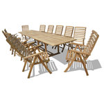 Windsor Teak Furniture - Grade A Teak  138" x 39" (11 1/2 feet long) Ext. Table w/12 Reclining Chairs - The Buckingham 138" (11' 6" Long) Double Leaf Teak Extension Table w/12 Chelsea 5 Position Reclining Arm Chairs comfortably seats 12 people when extended. The table is 86" when closed, 112" with one leaf open , and 138" with both leafs open...giving you 3 different size tables. The table is designed with built-in butterfly pop-up leafs that enables you to open or close the table in 15 seconds. The table also comes with cap covered umbrella hole and a built-in umbrella base. The Chelsea chairs are one of our most comfortable and versatile chairs.... with a 41" high back and a generously wide 24" seat. Upright the chairs are perfect for dining or reading...and reclines for relaxation...add a foot stool and the chairs can double as a lounger away from the table!....It'll be everyone's favorite chair. Folds easily for storage too.  Some assembly on table only. Shipped via truck.