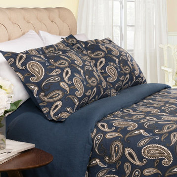 Cotton Flannel Duvet Cover and Pillow Bedding Set, Navy Blue, Full/Queen