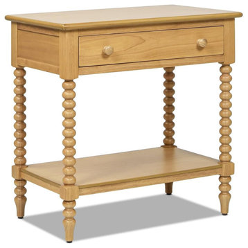 Classic End Table, Rubberwood Frame With Spindle Legs & Drawer, Natural Brown