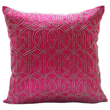 Pink Art Silk 16"x16" Lattice Trellis Pillows Cover, Fuchsia N Silver