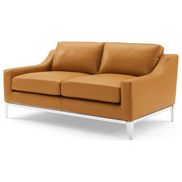 Modern Designer Living Room Lounge Club Lobby Loveseat Sofa, Leather, Tan Brown