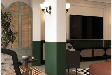 Imagen de recibidores y pasillos asiáticos pequeños con paredes verdes, suelo de baldosas de cerámica, suelo multicolor, bandeja y panelado