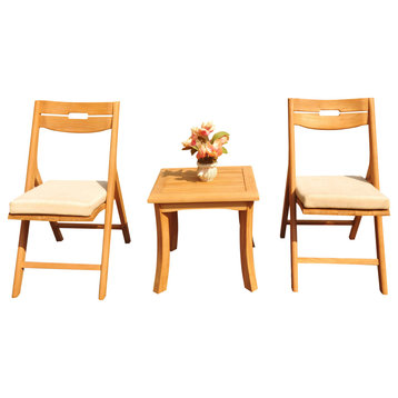3-Piece Outdoor Patio Teak Dining Set: 18" Side Table, 2 Surf Folding Chairs