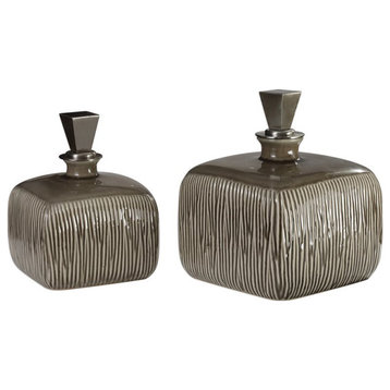 Uttermost Cayson 2-Piece Ceramic and Iron Bottle Set in Umber Brown/Nickel