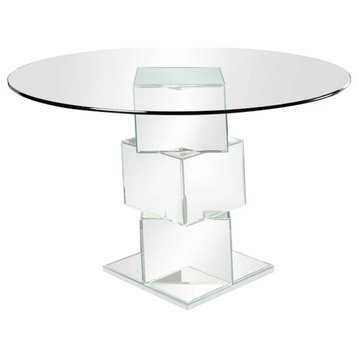 Benzara BM207732 Dining Table With Round Glass Top, Silver and Clear