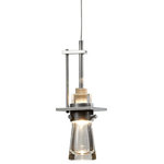 Hubbardton Forge - Erlenmeyer Low Voltage Mini Pendant, Clear Glass, Vintage Platinum - Adjustable low-voltage pendant with thick blown glass cone; small; aluminum. Inspired by the flat-bottomed Erlenmeyer flask, this pendant is the right choice over an island or to illuminate the most stylish lab ever. With the handcrafted collar encircling the clear, thick blown-glass flask, this design bubbles with design chemistry.