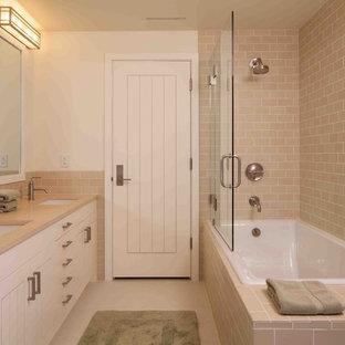 Photo of a country bathroom in Portland with subway tile.