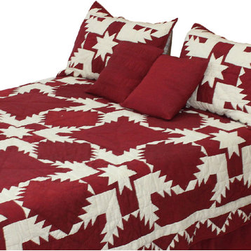 Red Feathered Star Queen Quilt, 85"W X 95"L, Super Queen
