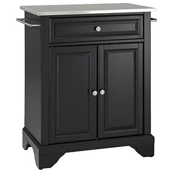 Small Kitchen Island, Classic Raised Panel Doors and Stainless Steel Top, Black