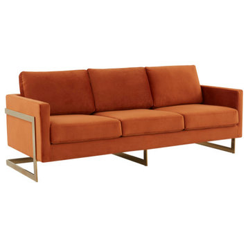 LeisureMod LA83OR Lincoln Orange Modern Mid-Century Gold Frame Velvet Sofa