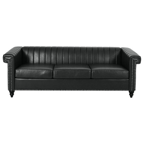 Donley Contemporary Channel Stitch 3 Seater Sofa with Nailhead Trim, Midnight + Dark Brown