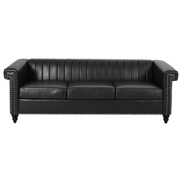 Donley Contemporary Channel Stitch 3 Seater Sofa with Nailhead Trim, Midnight +
