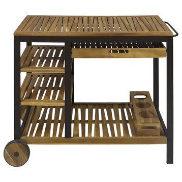 Ishtar Outdoor Acacia Wood Bar Cart with Reversible Drawers and  Bottle Holders
