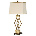 StyleCraft Home Collection - Vintage Gold Metal Base Table Lamp with Designer Fabric Trimmed Hardback Shade - This eye-catching table lamp features a vintage gold frame on a dark base. The rectangular white hardback fabric shade has beige accents along the top and bottom that match the color of the frame and finial perfectly. The diamond shapes in the frame are sure to make this accent light stand out in an office, bedroom, living room, dining room, or hallway.