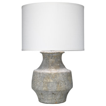 Masonry Table Lamp, Grey Ceramic With Classic Drum Shade, White Linen