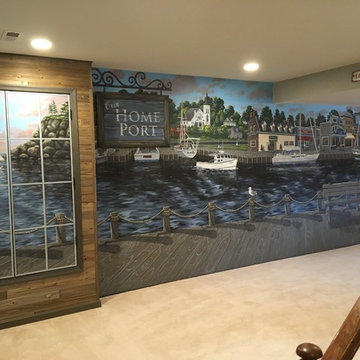 New England Harbor Town Mural, hand painted throughout a lower level