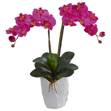 Double Phalaenopsis Orchid Artificial Arrangement, White Vase, Dark Pink