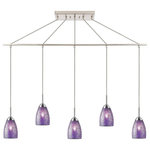 Woodbridge Lighting - Woodbridge Lighting Venezia 5-Light Pendant Chandelier, Satin Nickel, Linear, 42"w, Mosaic Purple - The Venezia collection is a series of hanging lights featuring uniquely colored designer glass. With many color options to choose from, this transitional design can blend in many rooms with different colors and themes.   This linear pendant hangs 5 tulip shaped mosaic glasses in a row along a metal rod to create an island of contemporary taste.